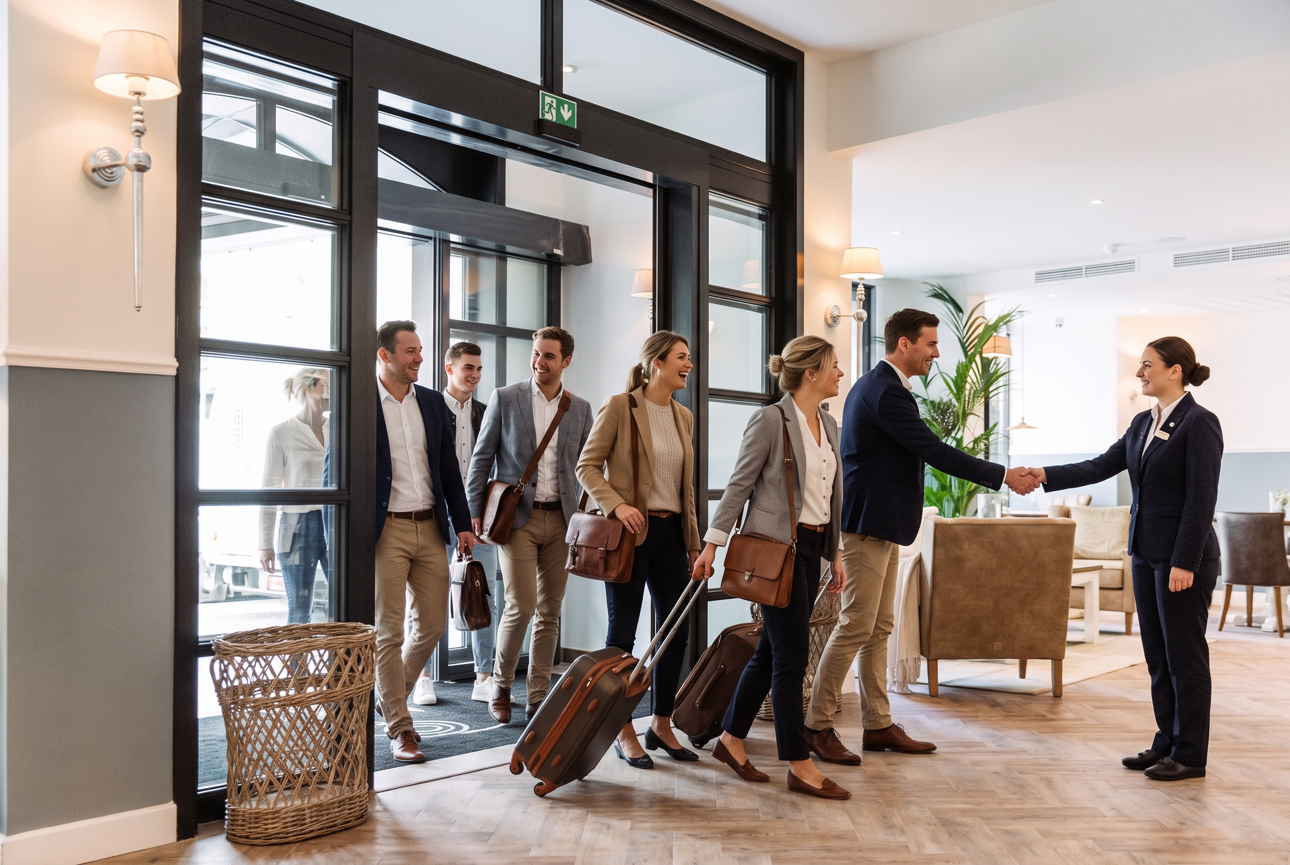 Groep collega's komt aan in de ingang van hotel Cocoon