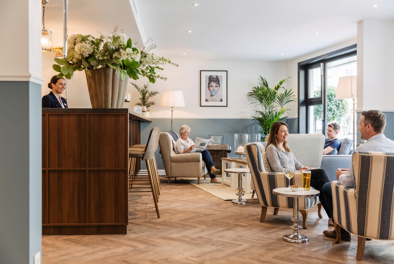 Gasten die praten met een glaasje in de lobby van Hotel Cocoon, met een receptioniste achter de toonbank