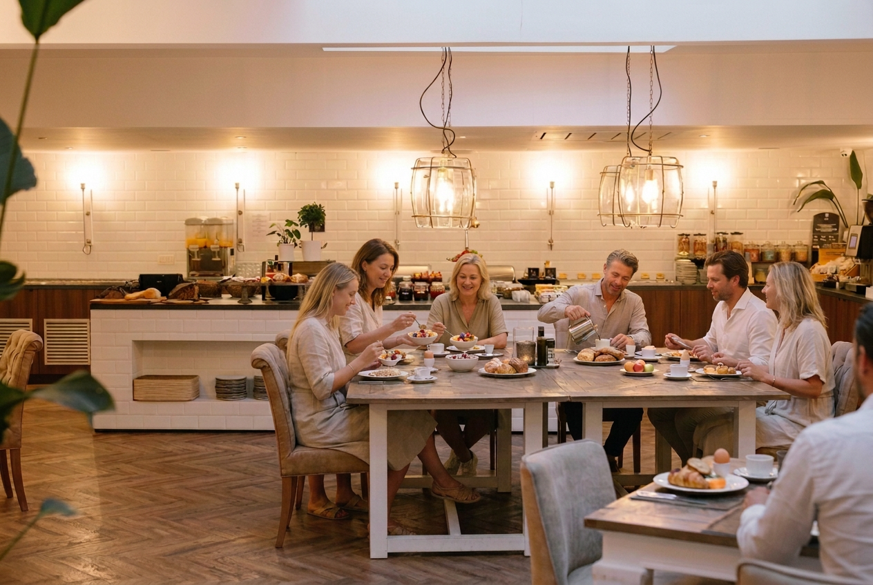 Gasten nemen gezamenlijk ontbijt aan tafel in de ontbijtruimte van Hotel Cocoon, met fruit, muesli, croissants en koffie